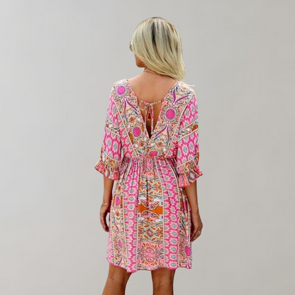 Women's Dress - Bohemian Pattern - V-neck - A-line Fit - 3/4 Sleeves with Ruffle Details
