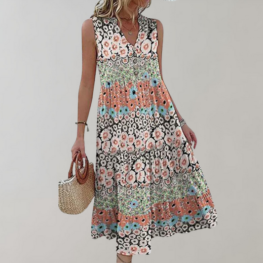 Women's Maxi Dress - Sleeveless Lightweight Design - V-Neck Floral Pattern - Loose Fit