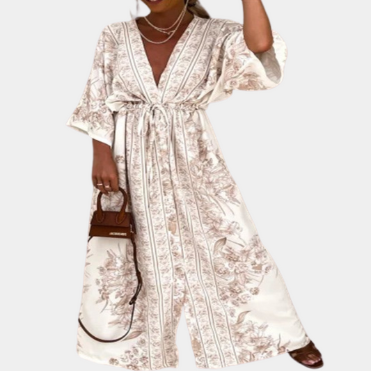 Women's Maxi Dress - Long-Sleeved with Loose Fit - V-Neck & Adjustable Waist - Floral Pattern