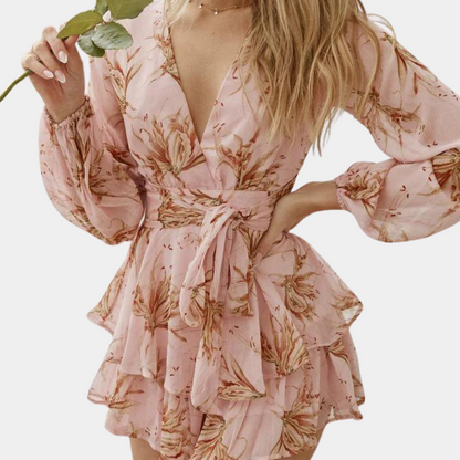 Women's Mini Dress - Wrap Design - Long Sleeves - Waistband - Floral & Ruffle Details
