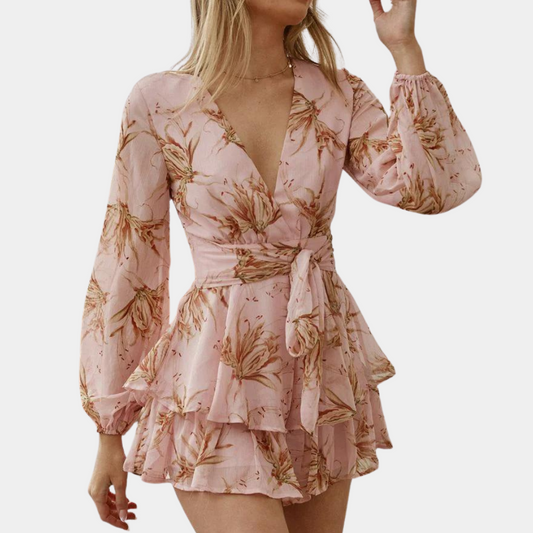 Women's Mini Dress - Wrap Design - Long Sleeves - Waistband - Floral & Ruffle Details