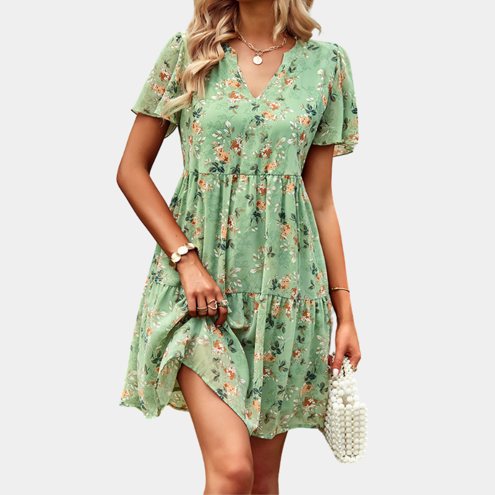 Women's A-line Dress - V-neck - Knee-length - Short Sleeves - Floral Print - Flowing Fit