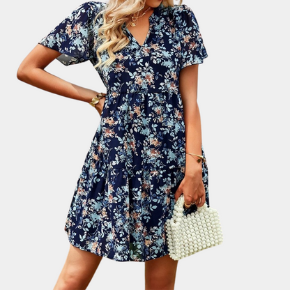Women's A-line Dress - V-neck - Knee-length - Short Sleeves - Floral Print - Flowing Fit