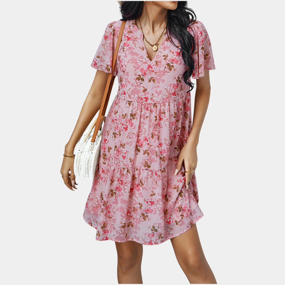 Women's A-line Dress - V-neck - Knee-length - Short Sleeves - Floral Print - Flowing Fit