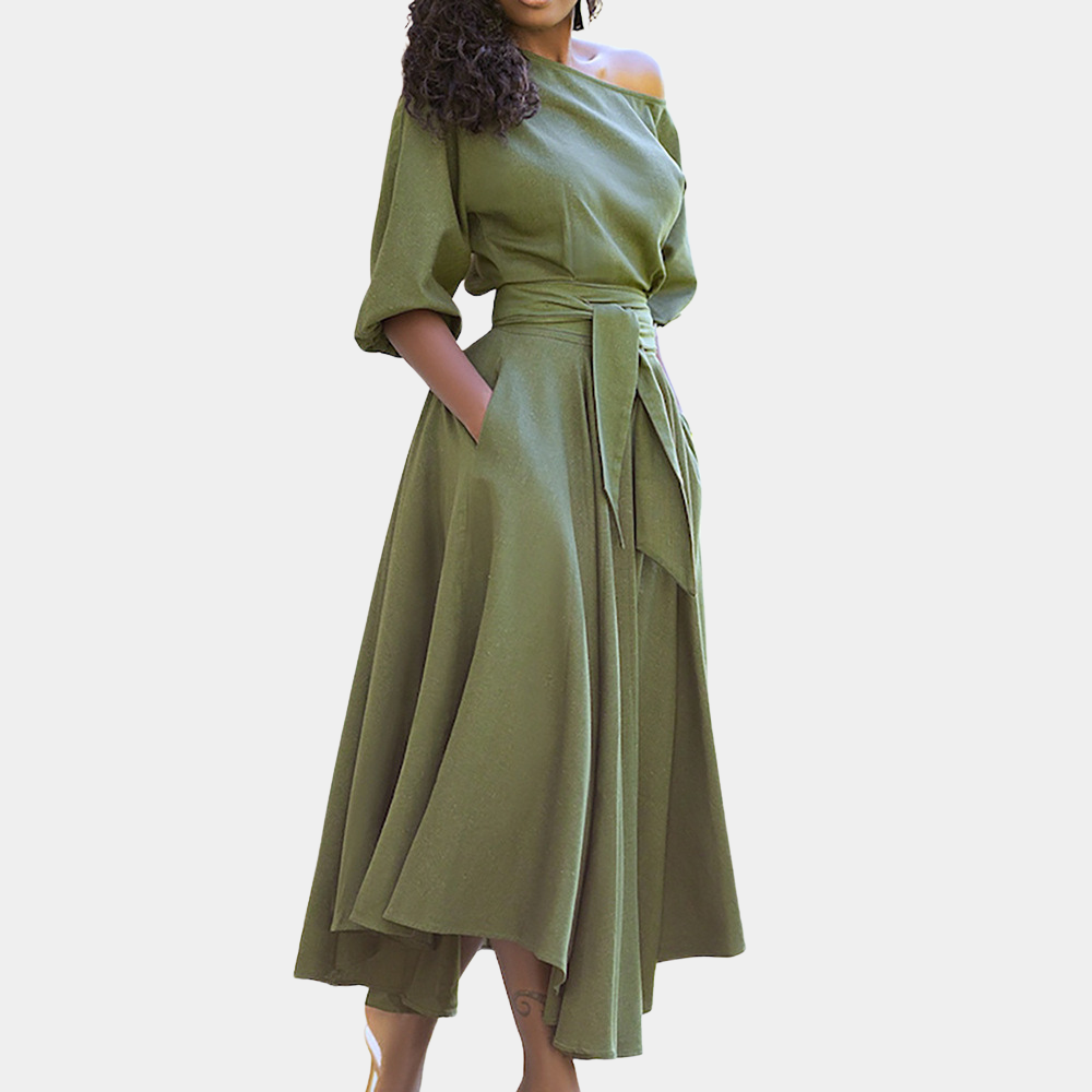 Women's Midi Dress - Off-Shoulder - A-line Fit - Tie at Waist - 3/4 Sleeves