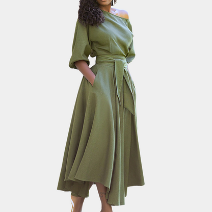 Women's Midi Dress - Off-Shoulder - A-line Fit - Tie at Waist - 3/4 Sleeves