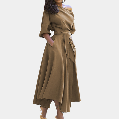 Women's Midi Dress - Off-Shoulder - A-line Fit - Tie at Waist - 3/4 Sleeves
