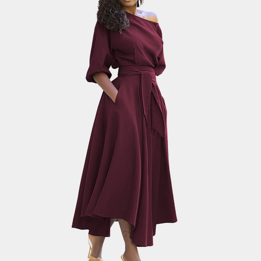 Women's Midi Dress - Off-Shoulder - A-line Fit - Tie at Waist - 3/4 Sleeves