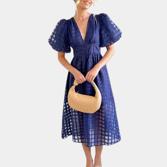 Women's Dress - A-line Cut - Midi Length - Deep V-neck - Puff Sleeves - Elegant Design