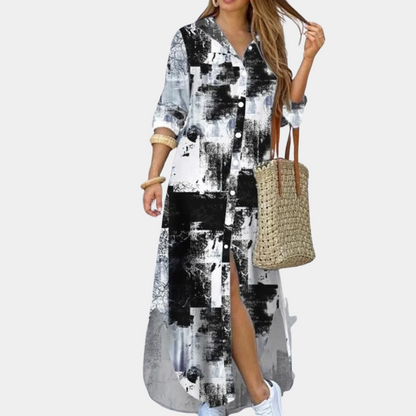 Women's Shirt Dress - Long Maxi Model - Button Closure - Printed Design - Long Sleeves