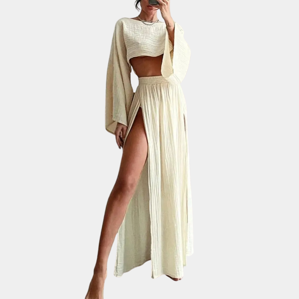 Women's Two-Piece Set - Long Sleeve Crop Top - High Waist Maxi Skirt with Slit