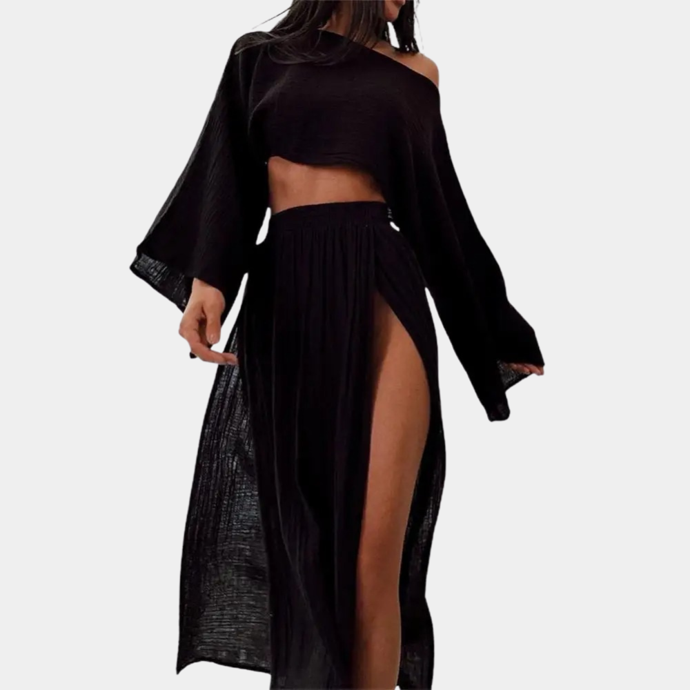 Women's Two-Piece Set - Long Sleeve Crop Top - High Waist Maxi Skirt with Slit