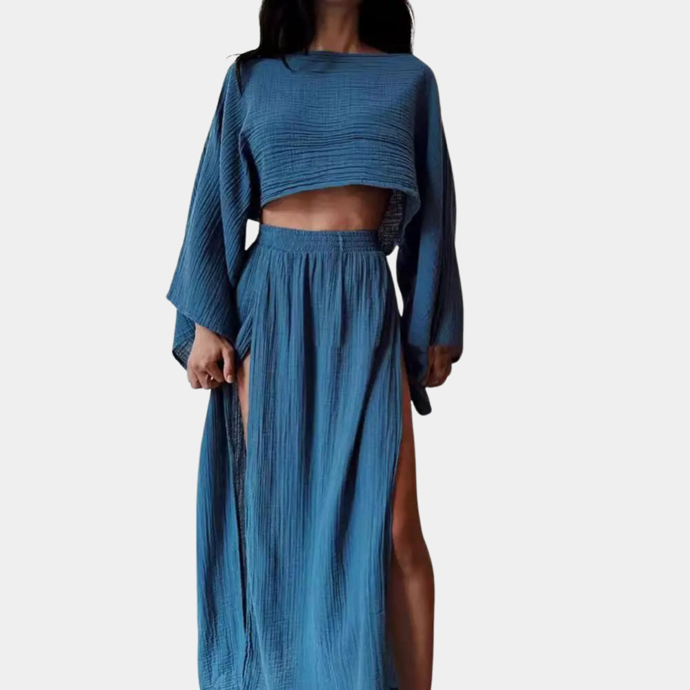 Women's Two-Piece Set - Long Sleeve Crop Top - High Waist Maxi Skirt with Slit