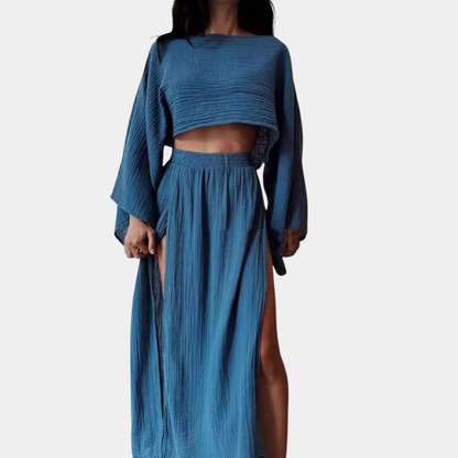 Women's Two-Piece Set - Long Sleeve Crop Top - High Waist Maxi Skirt with Slit