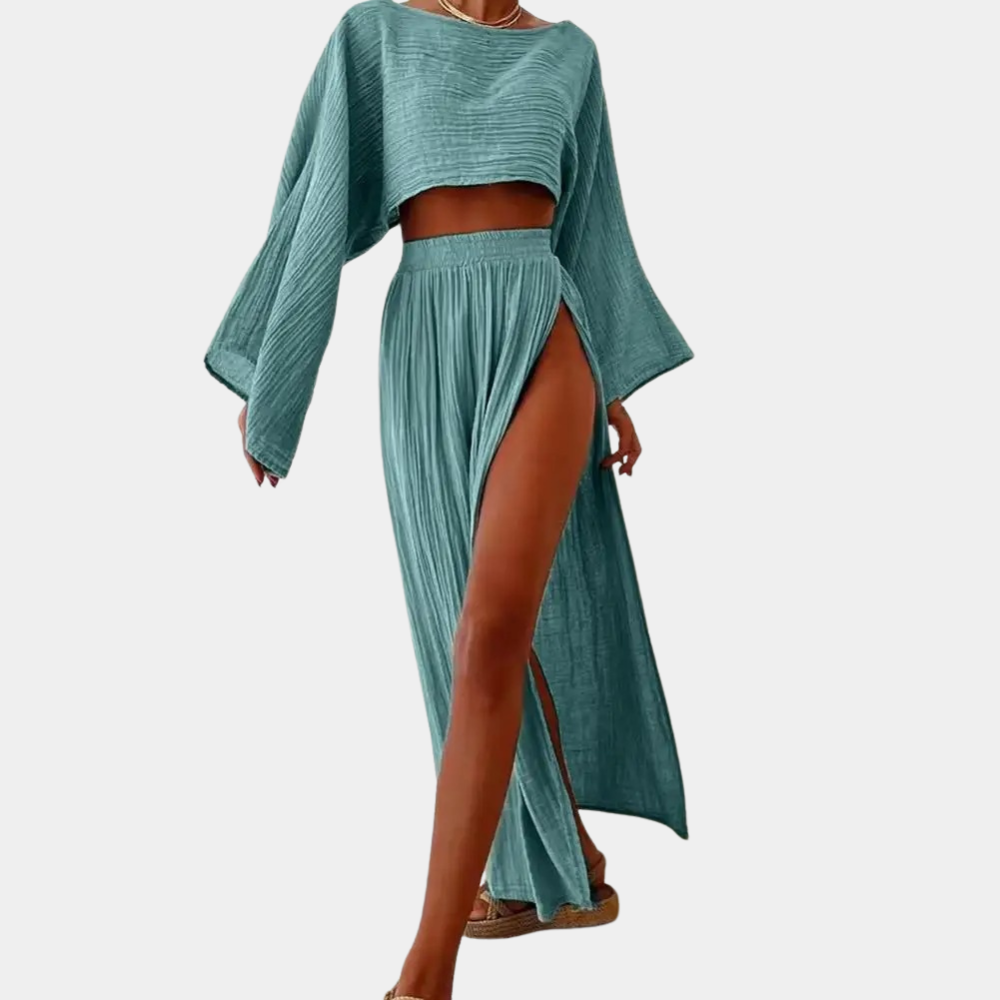 Women's Two-Piece Set - Long Sleeve Crop Top - High Waist Maxi Skirt with Slit