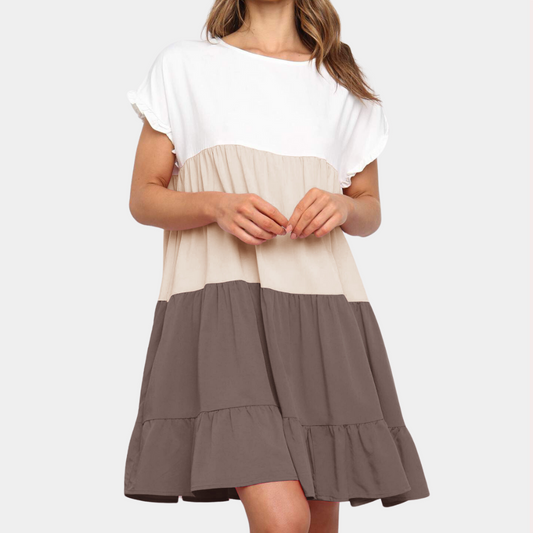 Women's Dress - Relaxed Fit - Short Sleeves with Ruffle Details - Airy Layered Design