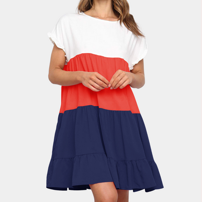 Women's Dress - Relaxed Fit - Short Sleeves with Ruffle Details - Airy Layered Design