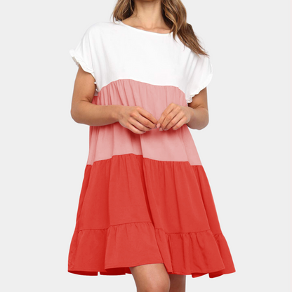 Women's Dress - Relaxed Fit - Short Sleeves with Ruffle Details - Airy Layered Design