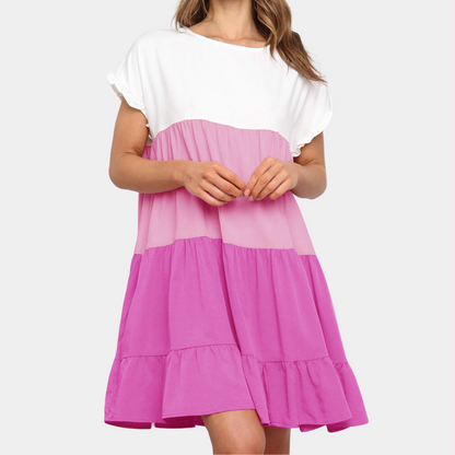 Women's Dress - Relaxed Fit - Short Sleeves with Ruffle Details - Airy Layered Design