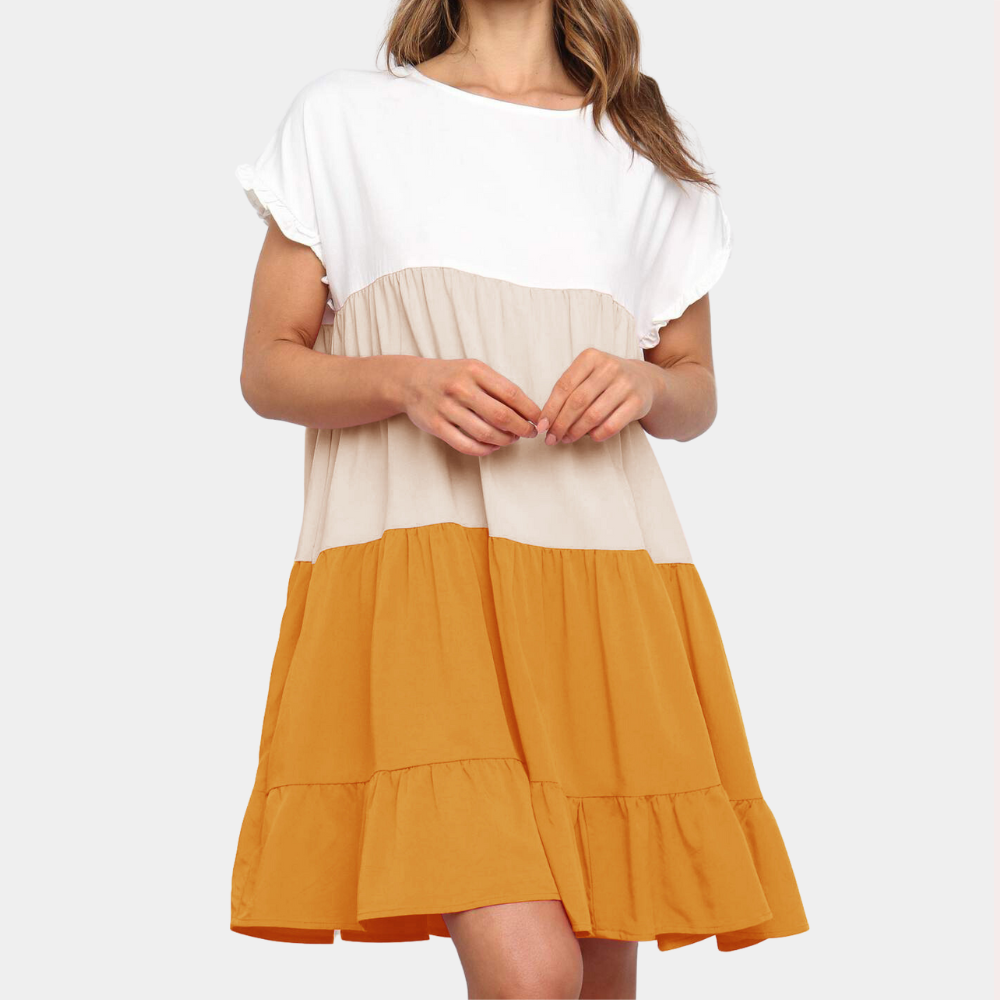 Women's Dress - Relaxed Fit - Short Sleeves with Ruffle Details - Airy Layered Design