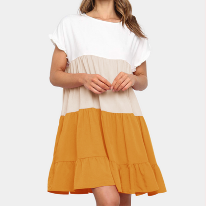Women's Dress - Relaxed Fit - Short Sleeves with Ruffle Details - Airy Layered Design