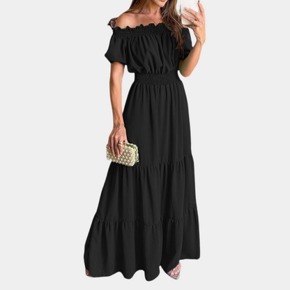 Women's Maxi Dress - Off-shoulder - Short Sleeves - Smocked Waist - Ruffled Skirt