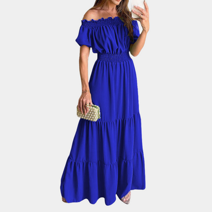 Women's Maxi Dress - Off-shoulder - Short Sleeves - Smocked Waist - Ruffled Skirt