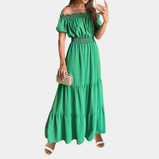 Women's Maxi Dress - Off-shoulder - Short Sleeves - Smocked Waist - Ruffled Skirt