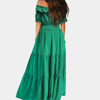 Women's Maxi Dress - Off-shoulder - Short Sleeves - Smocked Waist - Ruffled Skirt