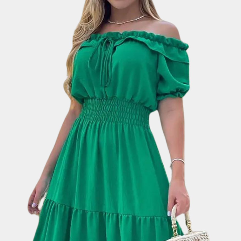 Women's Maxi Dress - Off-shoulder - Short Sleeves - Smocked Waist - Ruffled Skirt