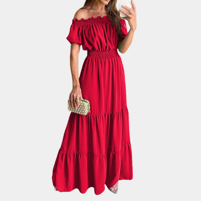 Women's Maxi Dress - Off-shoulder - Short Sleeves - Smocked Waist - Ruffled Skirt
