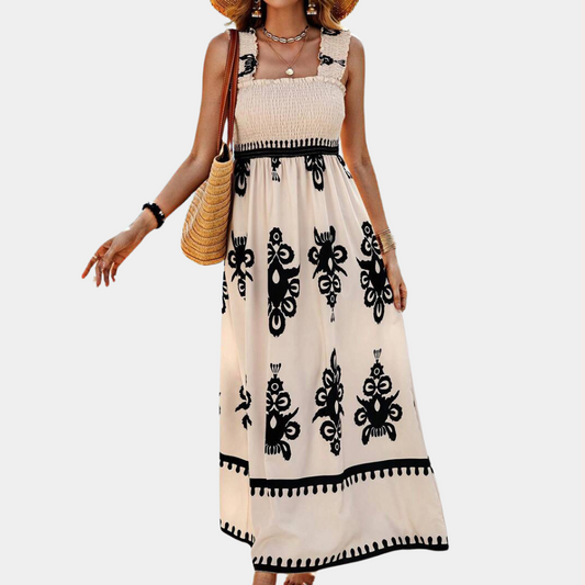 Women's Maxi Dress - Smock Top - A-line Fit - Wide Ruffle Straps - Light and Airy