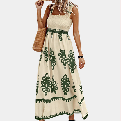 Women's Maxi Dress - Smock Top - A-line Fit - Wide Ruffle Straps - Light and Airy