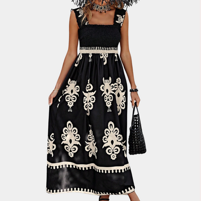 Women's Maxi Dress - Smock Top - A-line Fit - Wide Ruffle Straps - Light and Airy