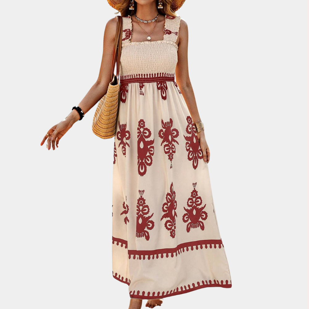 Women's Maxi Dress - Smock Top - A-line Fit - Wide Ruffle Straps - Light and Airy