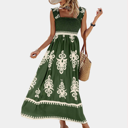 Women's Maxi Dress - Smock Top - A-line Fit - Wide Ruffle Straps - Light and Airy