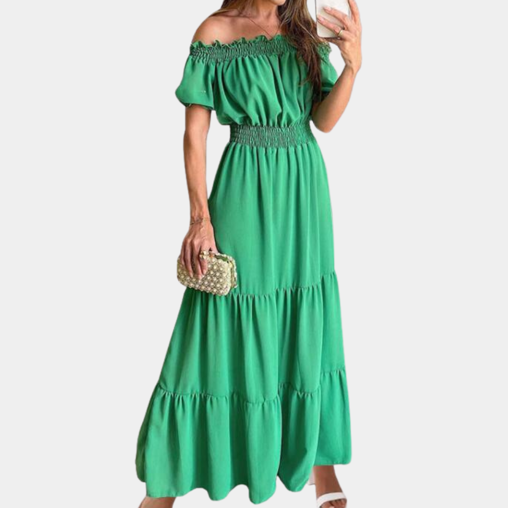 Women's Maxi Dress - Off-Shoulder - Smocked Waist - Short Puff Sleeves - Flowy Fit