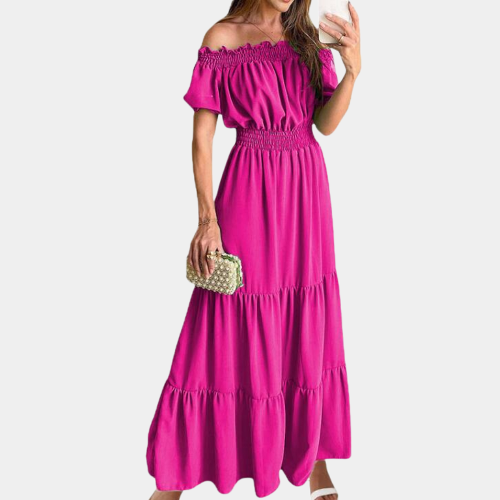Women's Maxi Dress - Off-Shoulder - Smocked Waist - Short Puff Sleeves - Flowy Fit