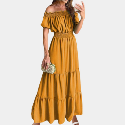 Women's Maxi Dress - Off-Shoulder - Smocked Waist - Short Puff Sleeves - Flowy Fit