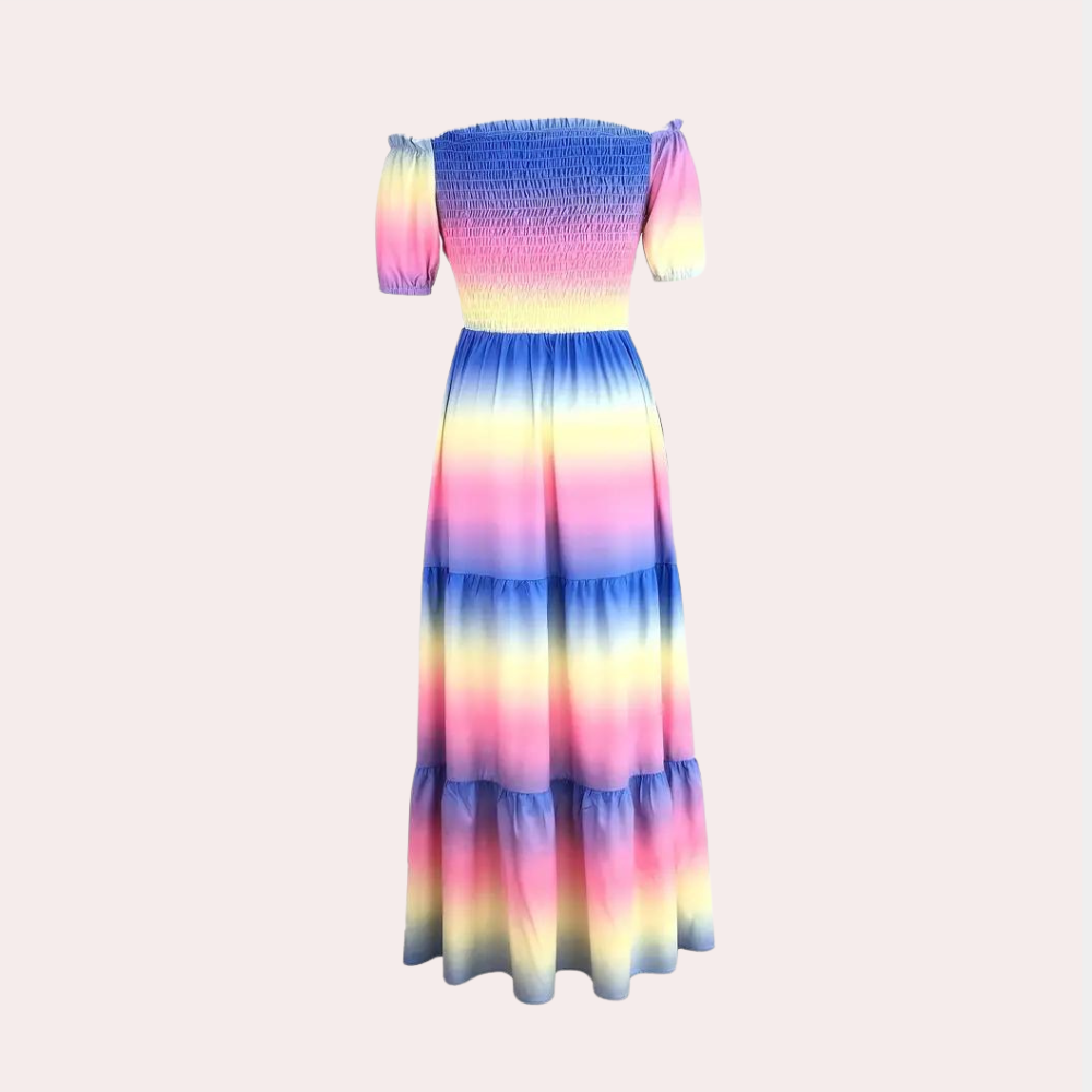 Women's Maxi Dress - Off-Shoulder - Smocked Bodice - Layered Skirt - Flowy and Elegant