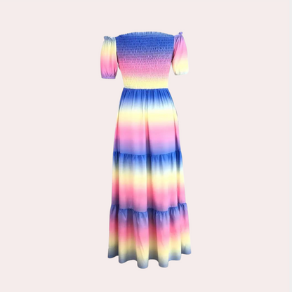 Women's Maxi Dress - Off-Shoulder - Smocked Bodice - Layered Skirt - Flowy and Elegant