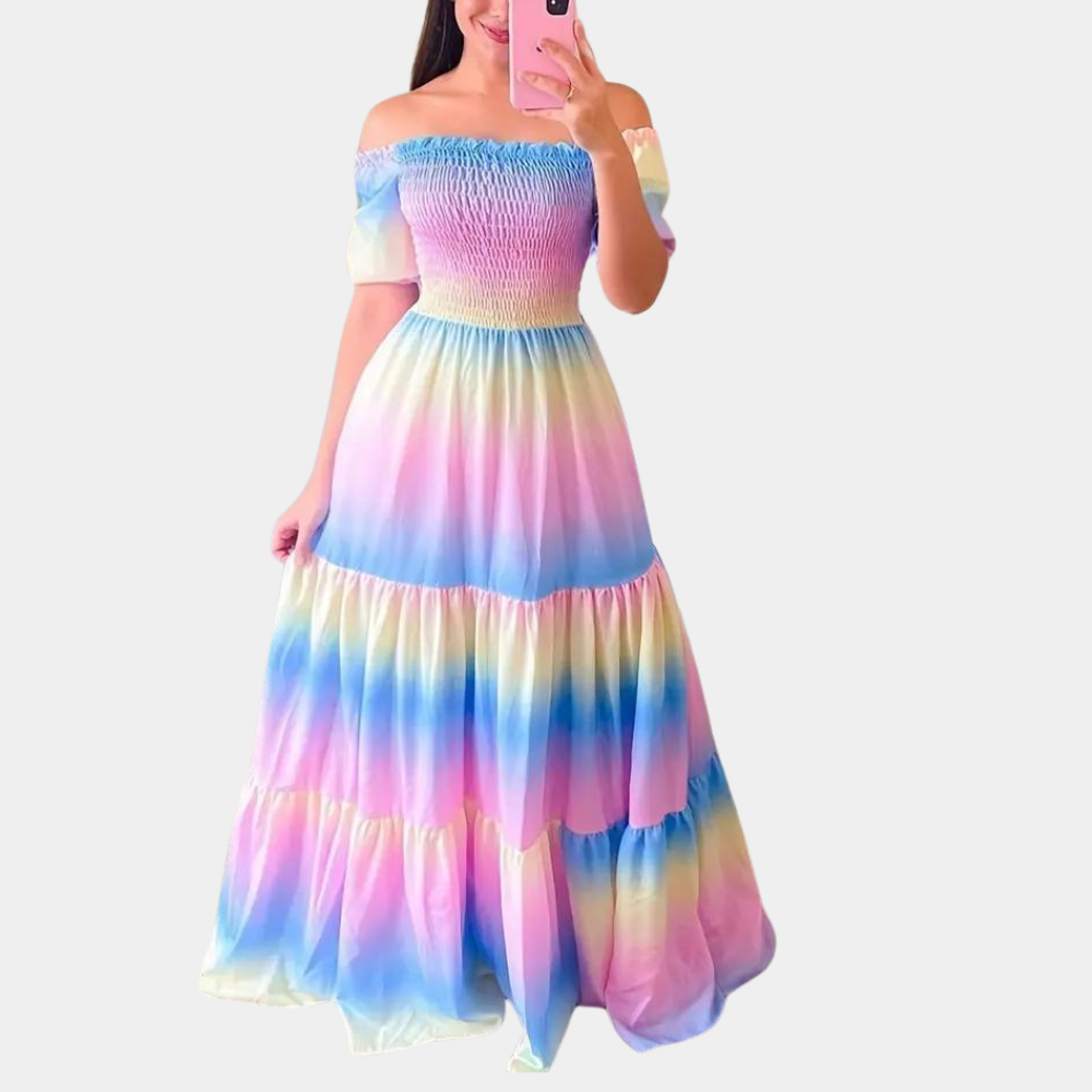 Women's Maxi Dress - Off-Shoulder - Smocked Bodice - Layered Skirt - Flowy and Elegant