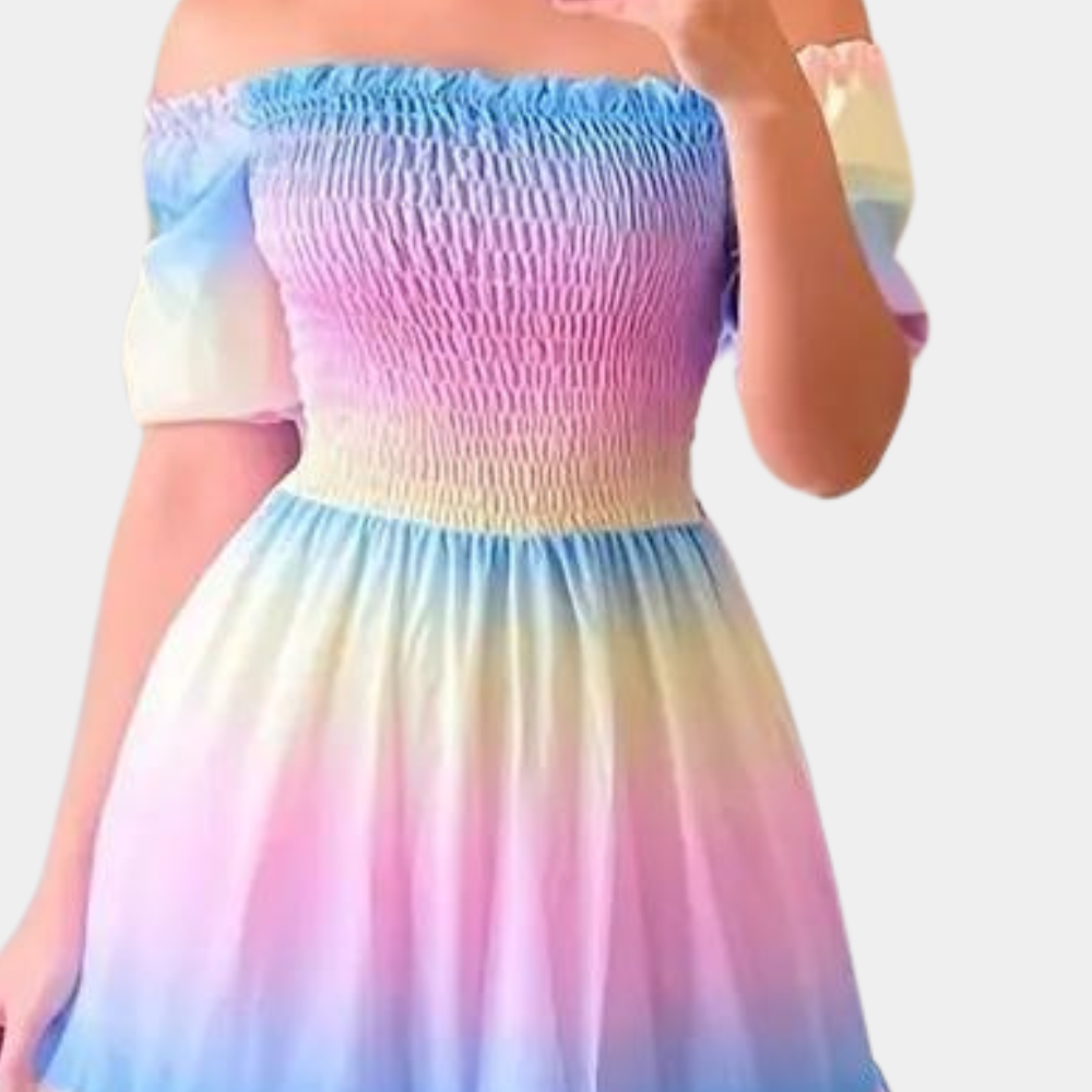 Women's Maxi Dress - Off-Shoulder - Smocked Bodice - Layered Skirt - Flowy and Elegant