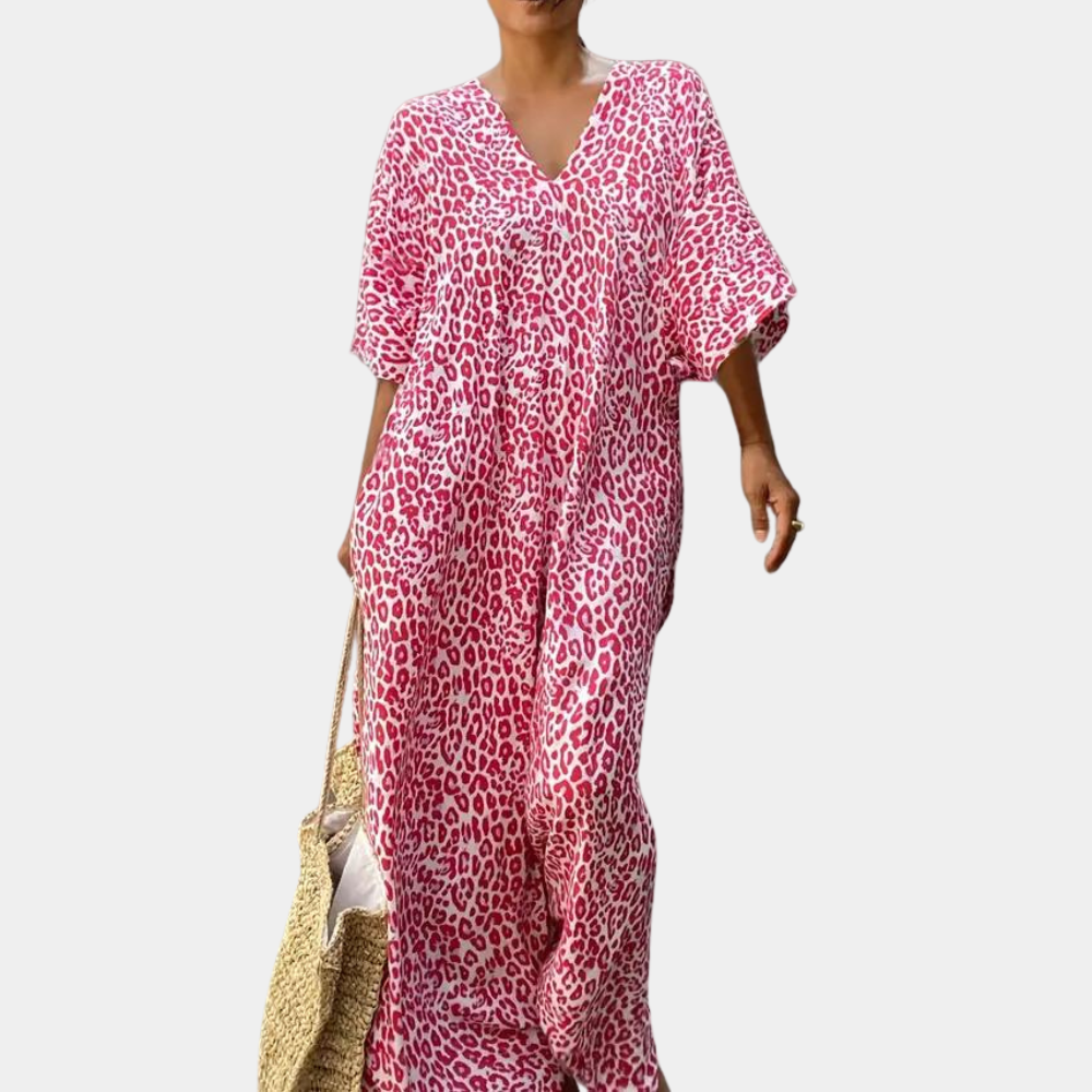 Women's Kaftan - Long Loose Fit - V-neck - Lightweight and Breathable - Animal Print