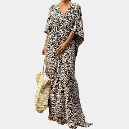 Women's Kaftan - Long Loose Fit - V-neck - Lightweight and Breathable - Animal Print
