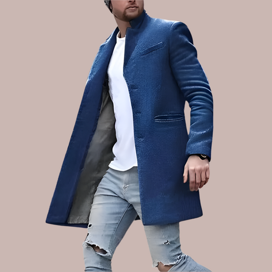 Men's Coat – Tailored Fit – Wool Texture – High Collar – Button Closure – Mid-Length