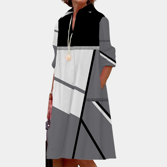 Women's Dress - A-line Fit - V-neck - 3/4 Sleeves - Geometric Pattern - Knee-length