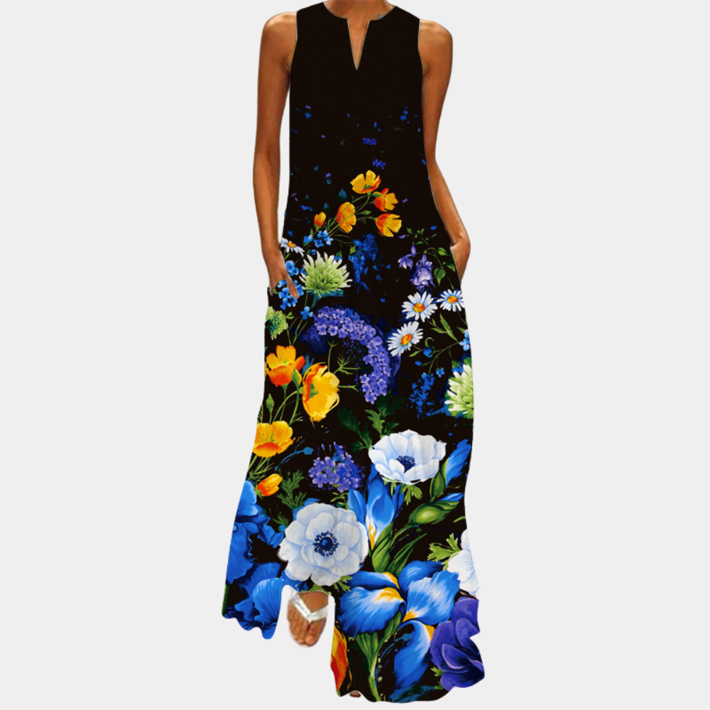 Women's Maxi Dress - Sleeveless - Loose Fit - Graphic Print - Elegant Ankle Length