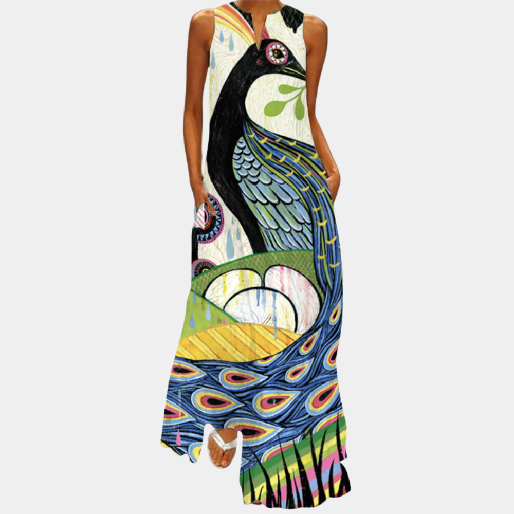 Women's Maxi Dress - Sleeveless - Loose Fit - Graphic Print - Elegant Ankle Length