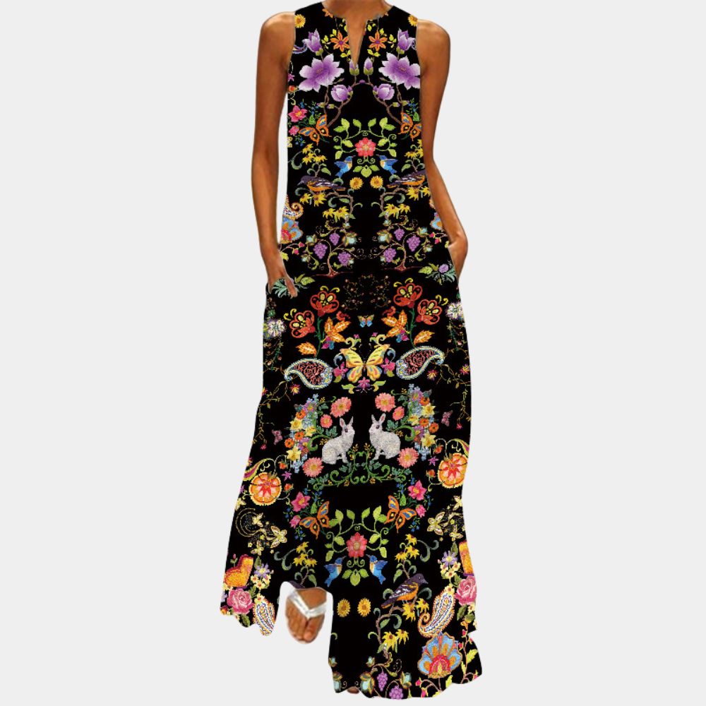 Women's Maxi Dress - Sleeveless - Loose Fit - Graphic Print - Elegant Ankle Length